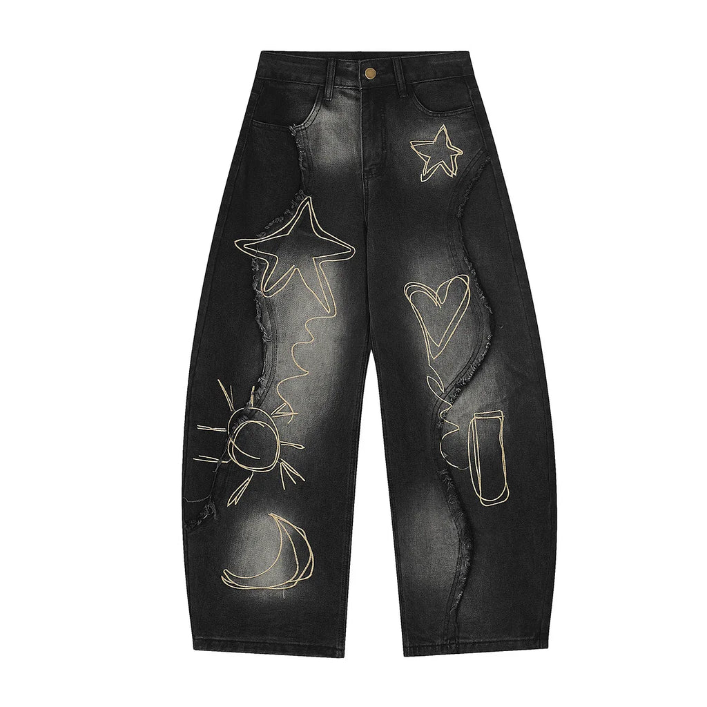 Washed Raw Hem Embroidered Jeans
