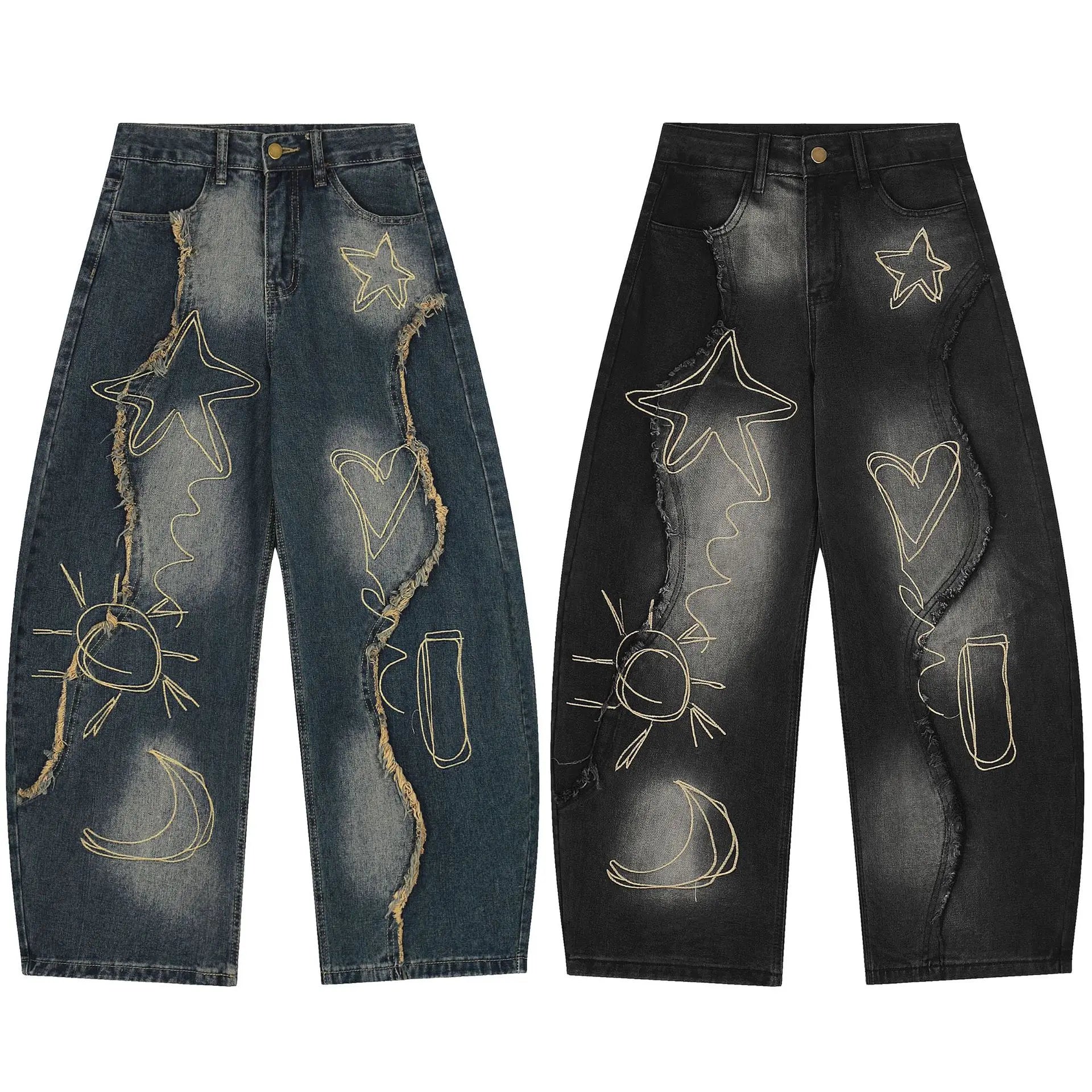 Washed Raw Hem Embroidered Jeans