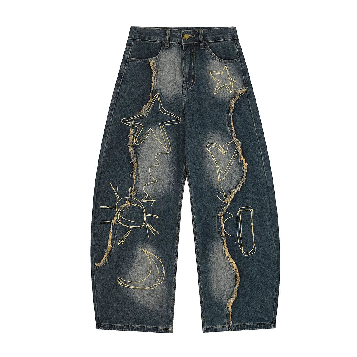 Washed Raw Hem Embroidered Jeans