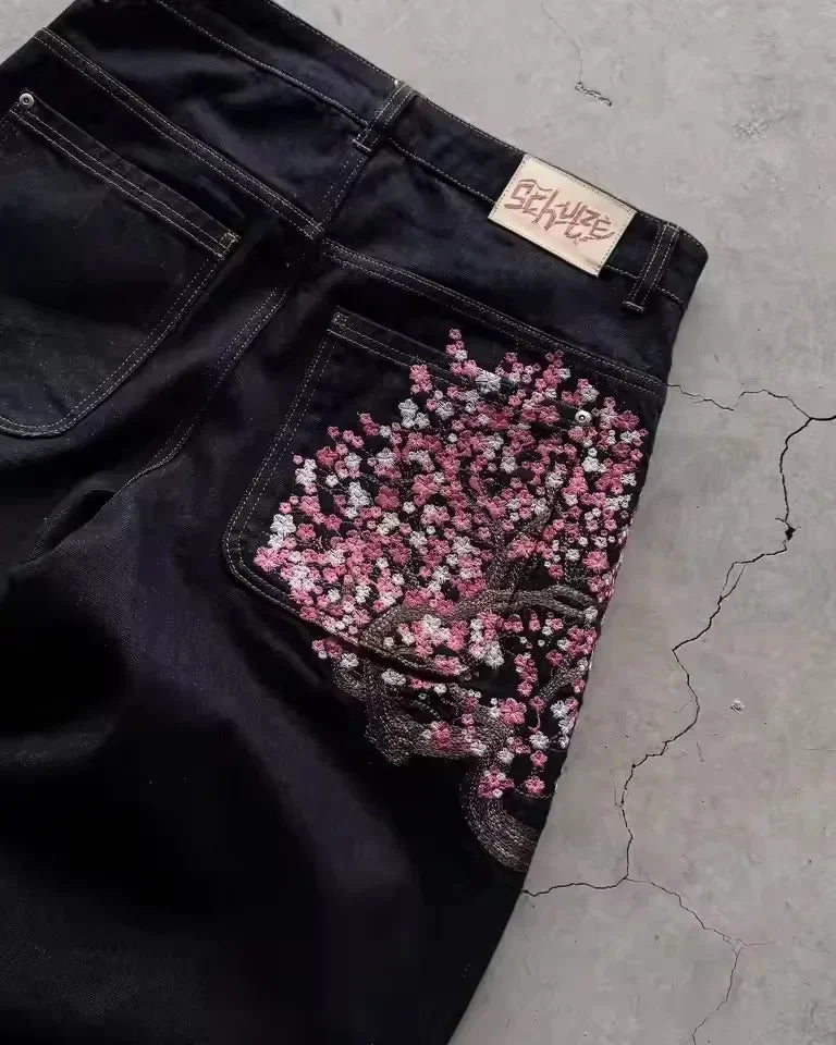 Embroidered Wide-Leg Jeans