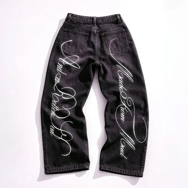 Printed Straight Leg Denim Pants